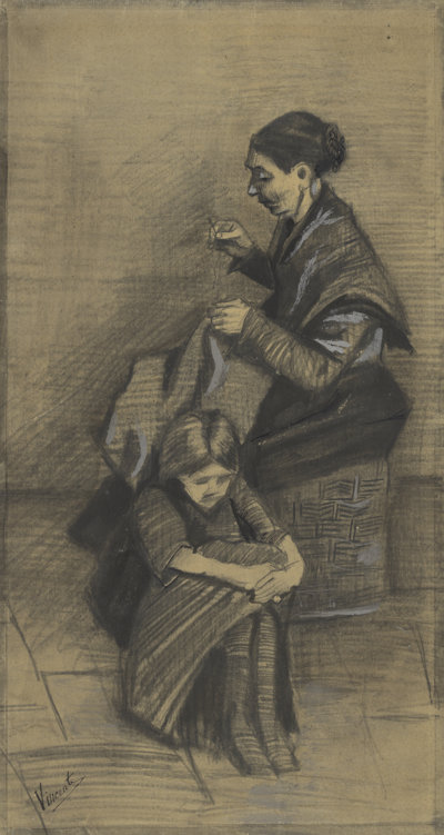 Vincent van Gogh, 'Naaiende vrouw met meisje', 1883. (Sien en haar dochter)