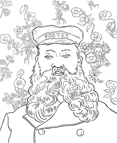Kleurplaat van Vincent van Goghs portret van postbode Joseph Roulin