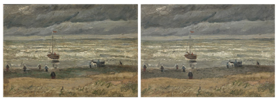 Links: 'Zeegezicht bij Scheveningen' voorafgaand aan de restauratie. Rechts: 'Zeegezicht bij Scheveningen' na restauratie. Foto's: Heleen van Driel.