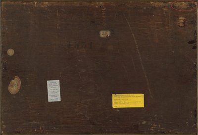 Achterzijde van het schilderij van Rousseau met in de rechter bovenhoek in zwart geschreven het ERR inventarisnummer DW 325