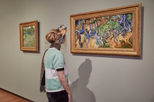 Een vrouw kijkt in het museum naar Vincent van Goghs schilderij Boomwortels. Foto: Maaike Koning