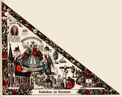 Bedevaartvaantje ‘Andenken an Kevelaer’, kleurenlitho uit circa 1895 dat als een papieren vlaggetje aan een houten draagstokje kon worden bevestigd (Collectie Maas-Rooijakkers, Museum ’t Oude Slot, Veldhoven). 