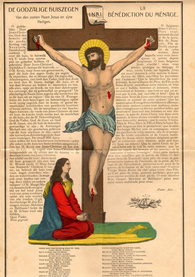 Crucifix met de tekst van “De Godzalige huiszegen”, rechterhelft van een huiszegen uit Scherpenheuvel, kleurenlitho uit circa 1895 (Collectie Kees Rovers, Nuenen). 