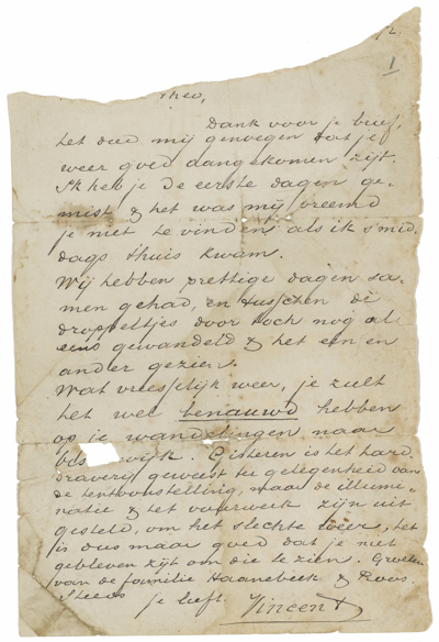 Foto van de eerste brief die Vincent aan Theo schreef, 1872