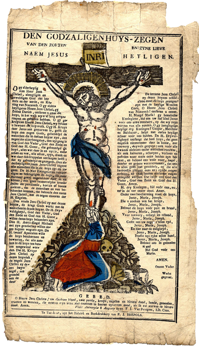 Crucifix met ‘Den Godzaligen huys-zegen’, een met sjablonen ingekleurde houtsnede gedrukt bij Brepols te Turnhout omstreeks 1815 (Collectie Maas-Rooijakkers, Museum ’t Oude Slot, Veldhoven). 