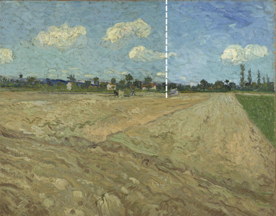 Van Goghs' Geploegde akkers tijdens restauratie, rechts van de stippellijn is de vervuilde vernislaag verwijderd