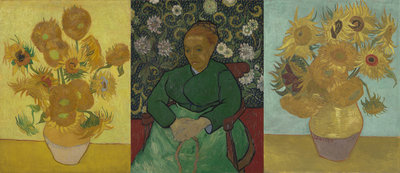 Compilatie van een drieluik zoals beschreven in een brief van Vincent van Gogh met het schilderij La Berceuse in het midden en aan weerszijden Zonnebloemen: (1) Vincent van Gogh, Zonnebloemen, 1889. Van Gogh Museum, Amsterdam. (2) Vincent van Gogh, La Berceuse (portret van Madame Roulin), 1888-1889. Kröller-Müller Museum, Otterlo. (3) Vincent van Gogh, Zonnebloemen, 1889. Philadelphia Museum of Art.