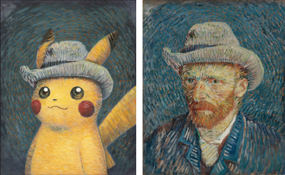 Links: Pikachu met grijze vilthoed, Naoyo Kimura (1960), The Pokémon Company International. Rechts: Vincent van Gogh, Zelfportret met grijze vilthoed 