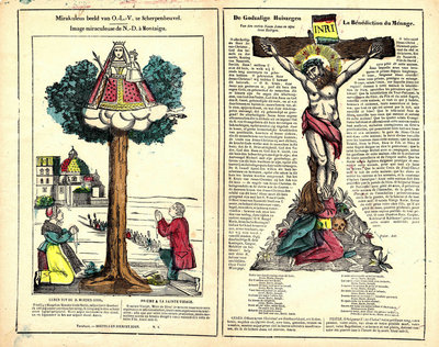 Complete, onversneden huiszegen van Onze Lieve Vrouw van Scherpenheuvel. Een met sjablonen ingekleurde houtsnede uit circa 1870 met duidelijk zichtbaar twee prenten op één blad van 344 x 430 mm (Collectie Maas-Rooijakkers, Museum ’t Oude Slot, Veldhoven). 